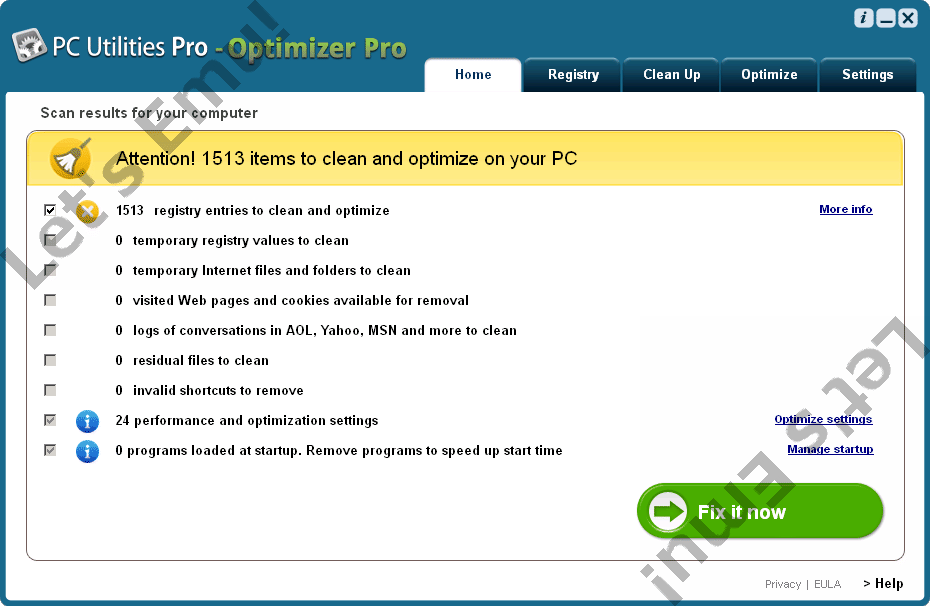 PC Utilities Pro Optimizer Pro スキャン結果