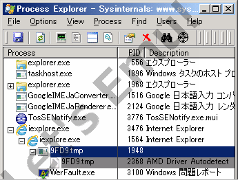 Process Explorerより、ブラウザのプロセスiexplore.exeの下層に不審な実行ファイルが動いている!? ドライブバイ・ダウンロード攻撃でマルウェアが強制的に起動して感染した瞬間