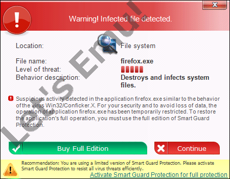 『Warning! Infected file detected. File System - Destroys and infects system files. Buy Full Edition / Continue』『Threats found when scanning Virus found * objects To keep your computer safe, repir is required.』 他のプログラムを立ち上げようにもポップアップ通知で起動妨害阻止！