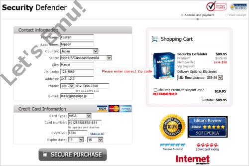 偽セキュリティソフトの目的であるクレジットカード番号を送信させて購入代金を支払わせるショッピング画面！ (-＿-;)