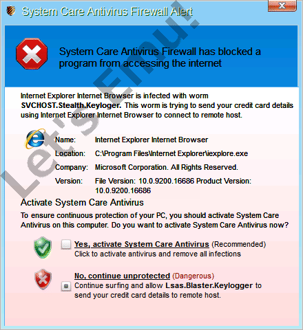【偽セキュリティソフト・偽ウイルス対策ソフト感染】 System Care Antivirus Firewall Alert Firewall has blocked a program from accessing the internet. 【駆除削除アンインストール】