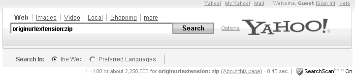 Indexed ZIP files list on Yahoo! Search